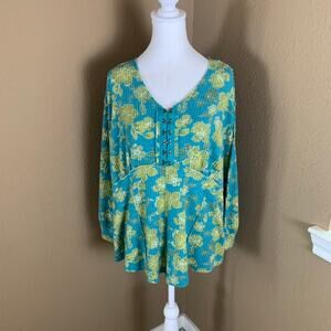 Boho Floral Waffle Knit Peplum Top Teal Green Hook Front Long Sleeve Size L